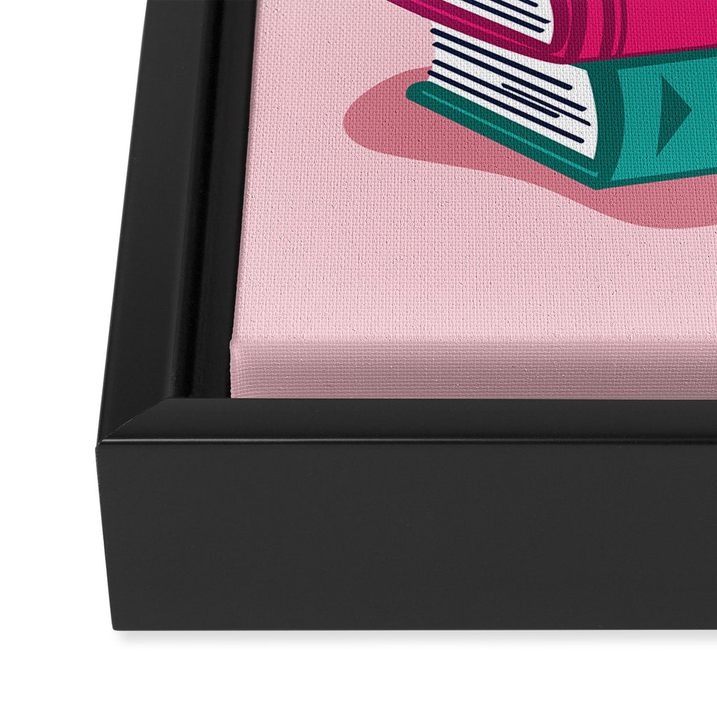 One more chapter // pastel pink background orange tabby cat striped mug with plants fuchsia pink and green books  Framed Canvas Print Gallery Image 3