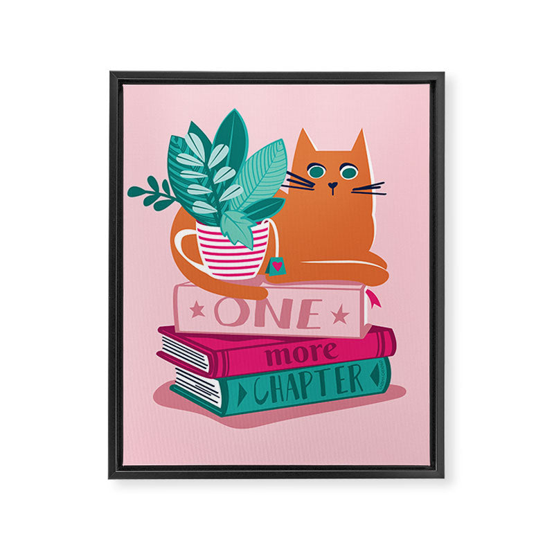 One more chapter // pastel pink background orange tabby cat striped mug with plants fuchsia pink and green books  Framed Canvas Print Gallery Image 8