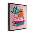One more chapter // pastel pink background orange tabby cat striped mug with plants fuchsia pink and green books  Framed Canvas Print Gallery Image 2
