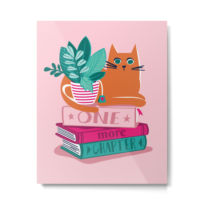 One more chapter // pastel pink background orange tabby cat striped mug with plants fuchsia pink and green books  Metal Print Gallery Image 1