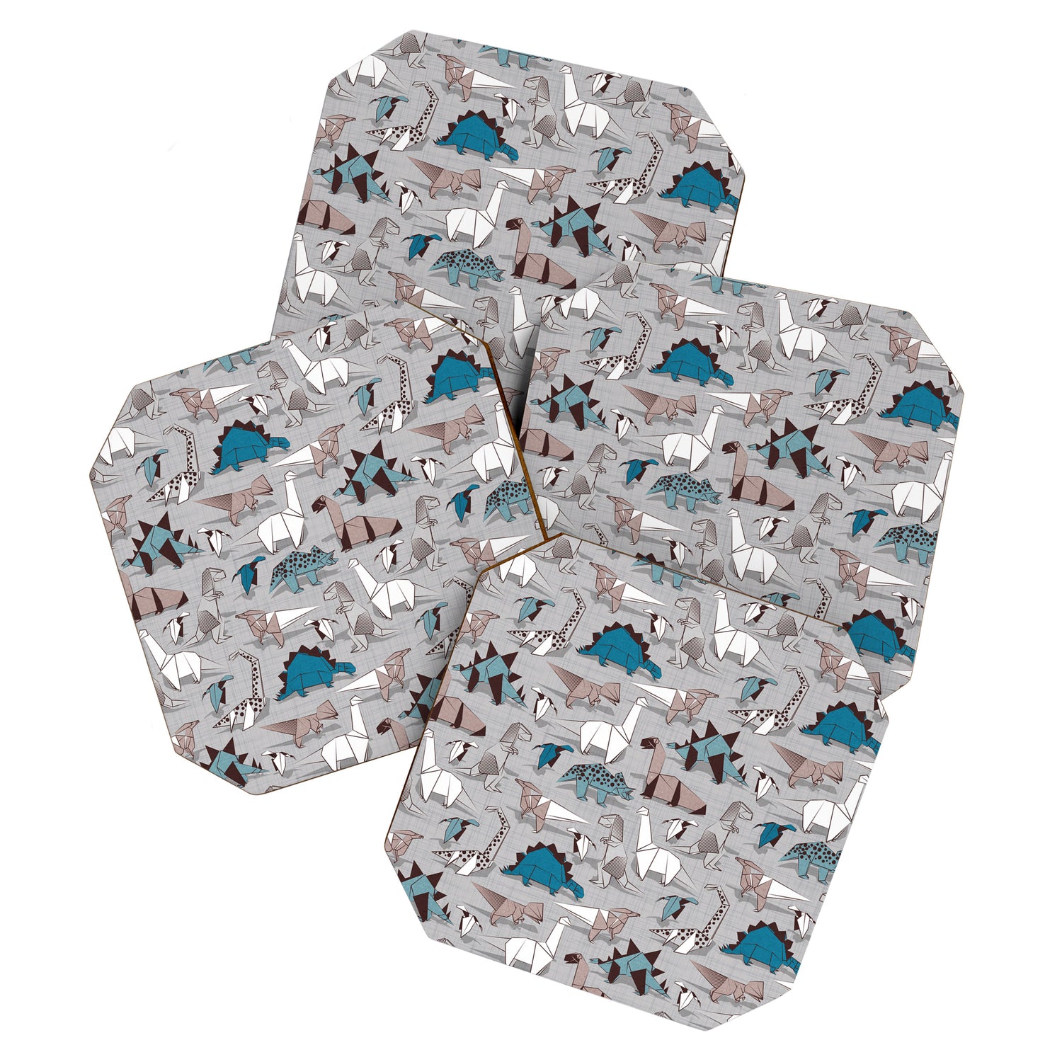 Origami dino friends // grey linen texture blue dinosaurs Coaster Gallery Image 1