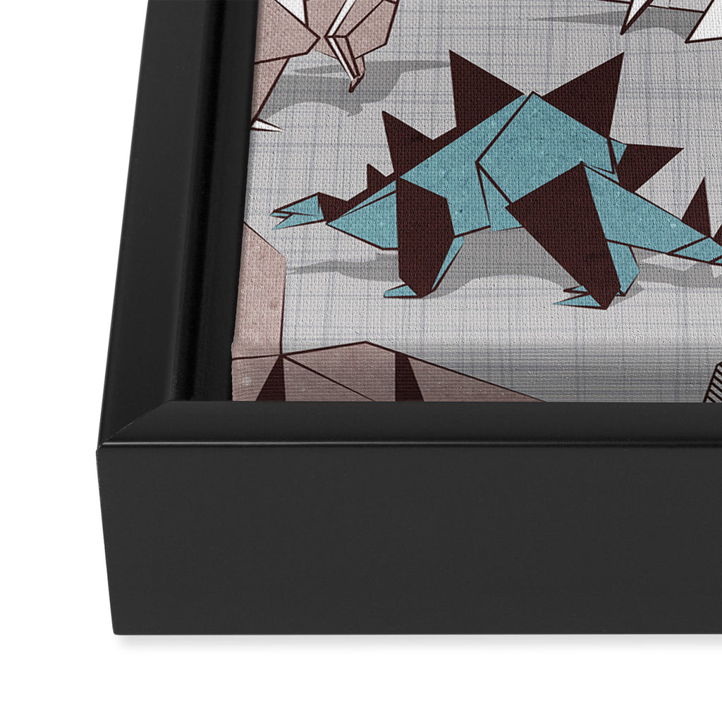 Origami dino friends // grey linen texture blue dinosaurs Framed Canvas Print Gallery Image 3