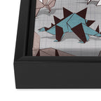 Origami dino friends // grey linen texture blue dinosaurs Framed Canvas Print Gallery Image 3