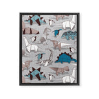 Origami dino friends // grey linen texture blue dinosaurs Framed Canvas Print Gallery Image 8