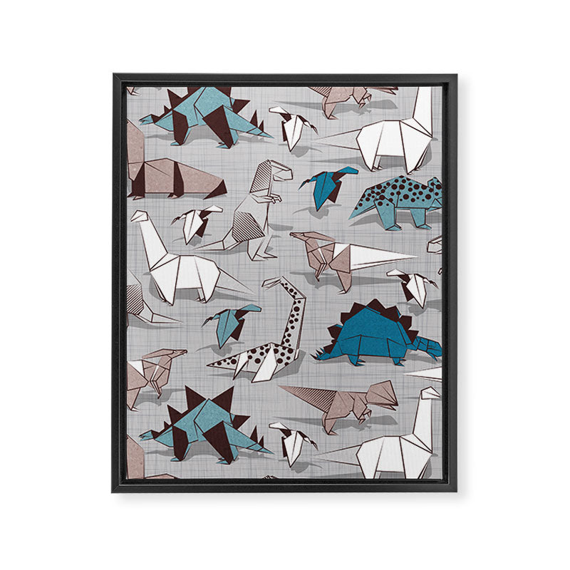 Origami dino friends // grey linen texture blue dinosaurs Framed Canvas Print Gallery Image 8