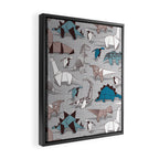 Origami dino friends // grey linen texture blue dinosaurs Framed Canvas Print Gallery Image 2