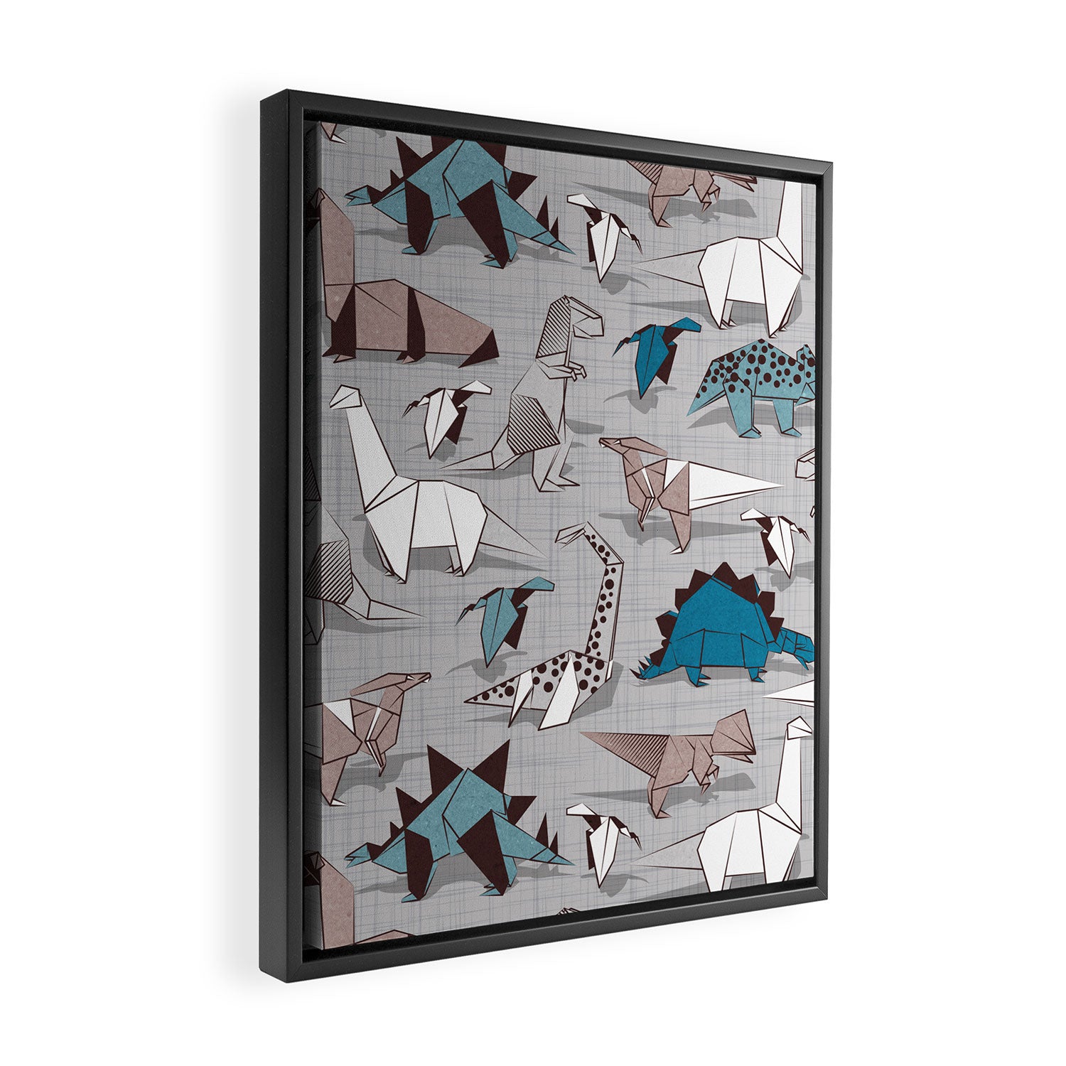 Origami dino friends // grey linen texture blue dinosaurs Framed Canvas Print Gallery Image 2