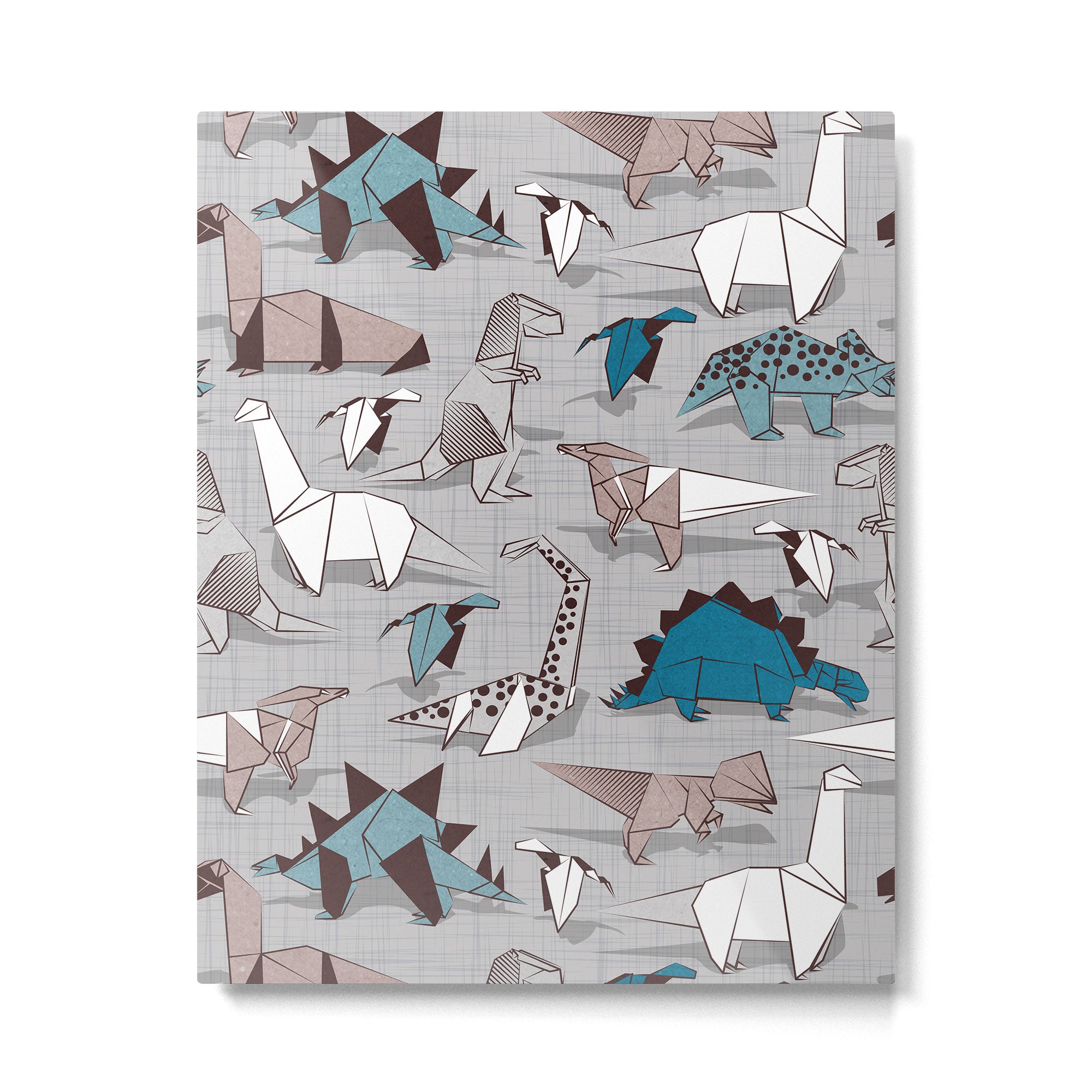 Origami dino friends // grey linen texture blue dinosaurs Metal Print Gallery Image 6