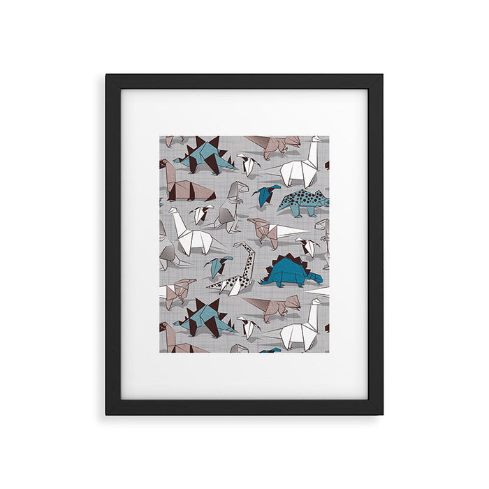 Origami dino friends // grey linen texture blue dinosaurs Framed Art Print Gallery Image 1