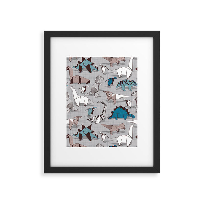 Origami dino friends // grey linen texture blue dinosaurs Framed Art Print Gallery Image 6