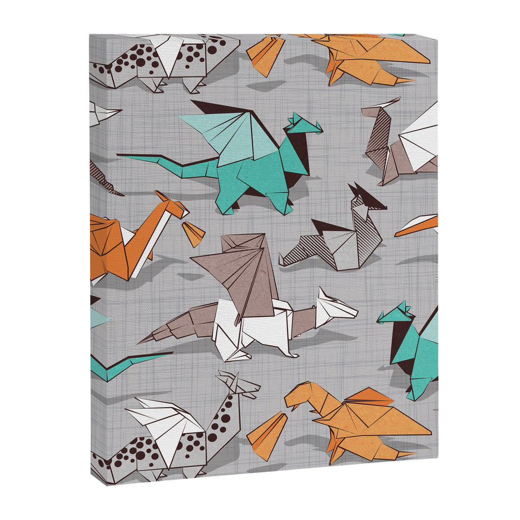 Origami dragon friends // grey linen texture background aqua orange grey and taupe fantastic creatures Canvas Print Gallery Image 6