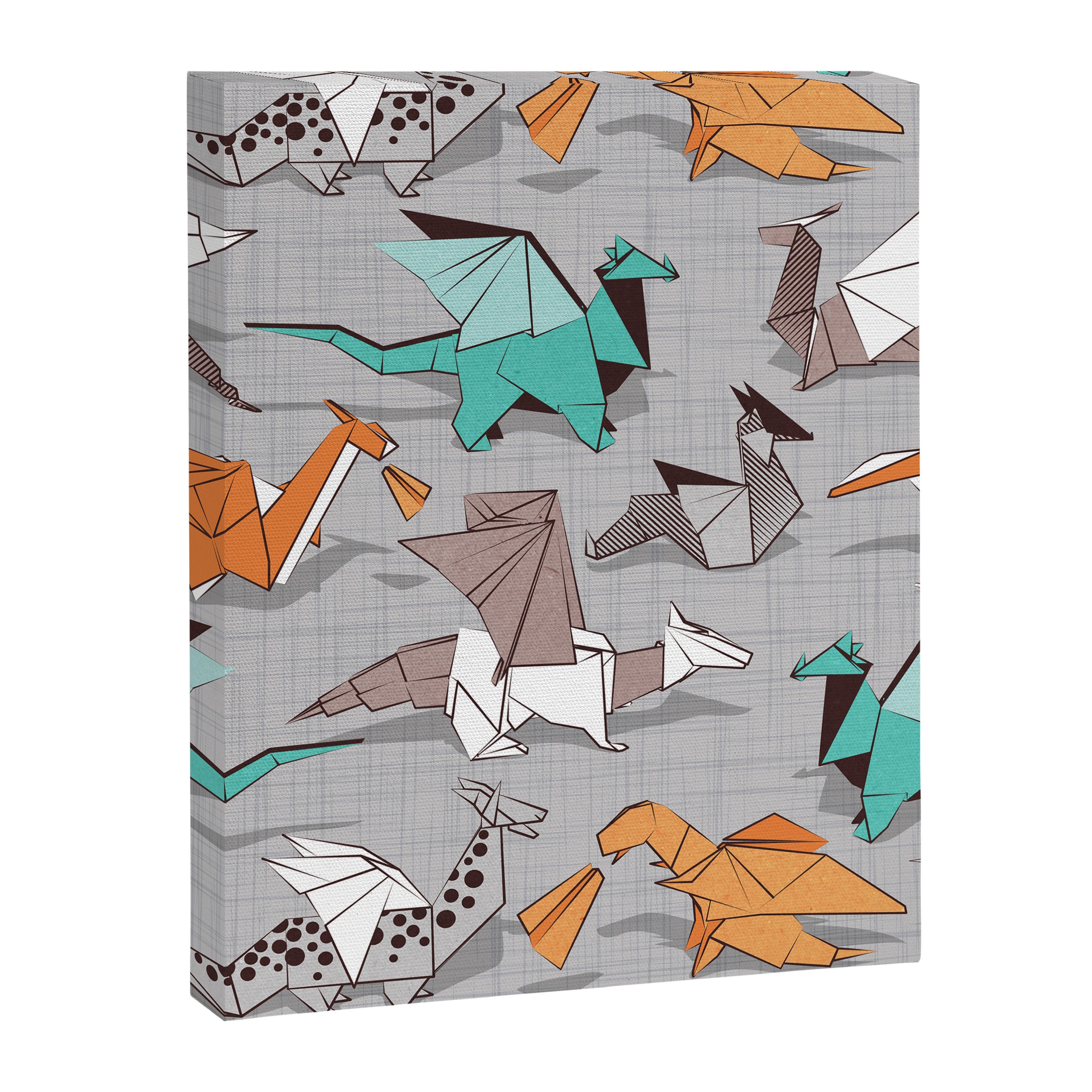 Origami dragon friends // grey linen texture background aqua orange grey and taupe fantastic creatures Canvas Print Gallery Image 6