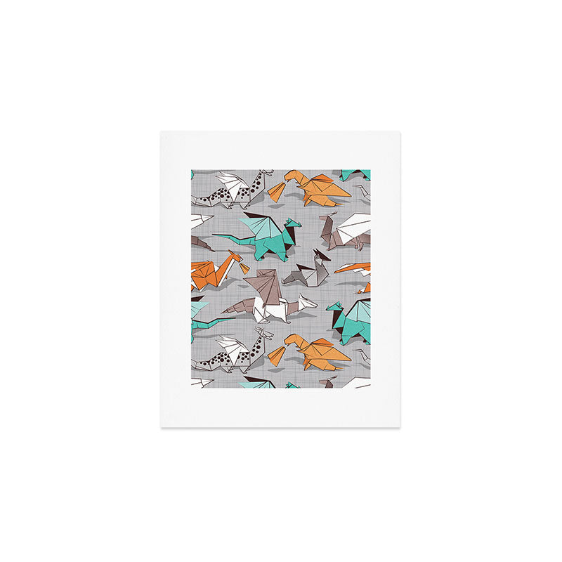 Origami dragon friends // grey linen texture background aqua orange grey and taupe fantastic creatures Art Print Gallery Image 1