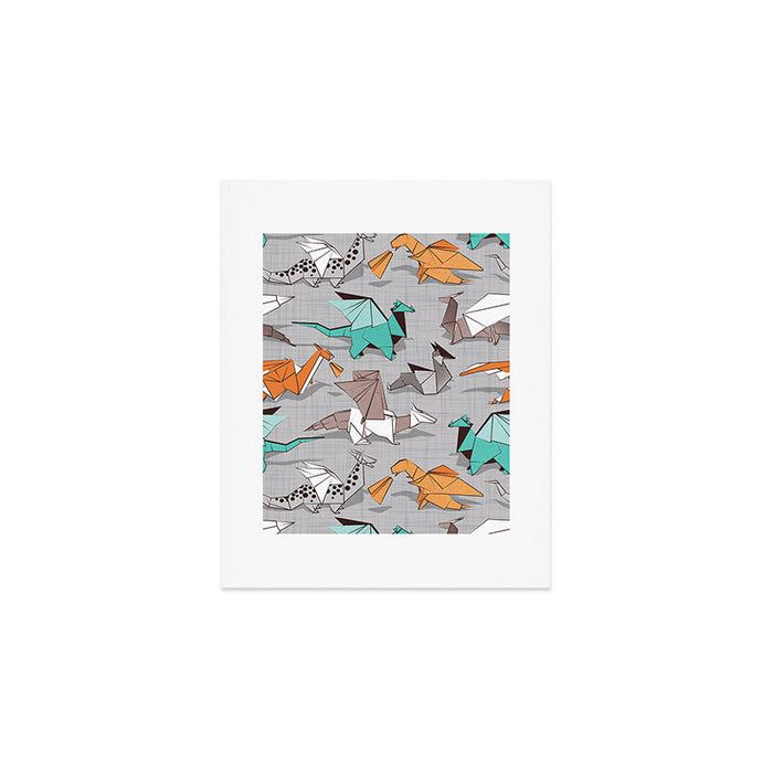Origami dragon friends // grey linen texture background aqua orange grey and taupe fantastic creatures Art Print Gallery Image 1