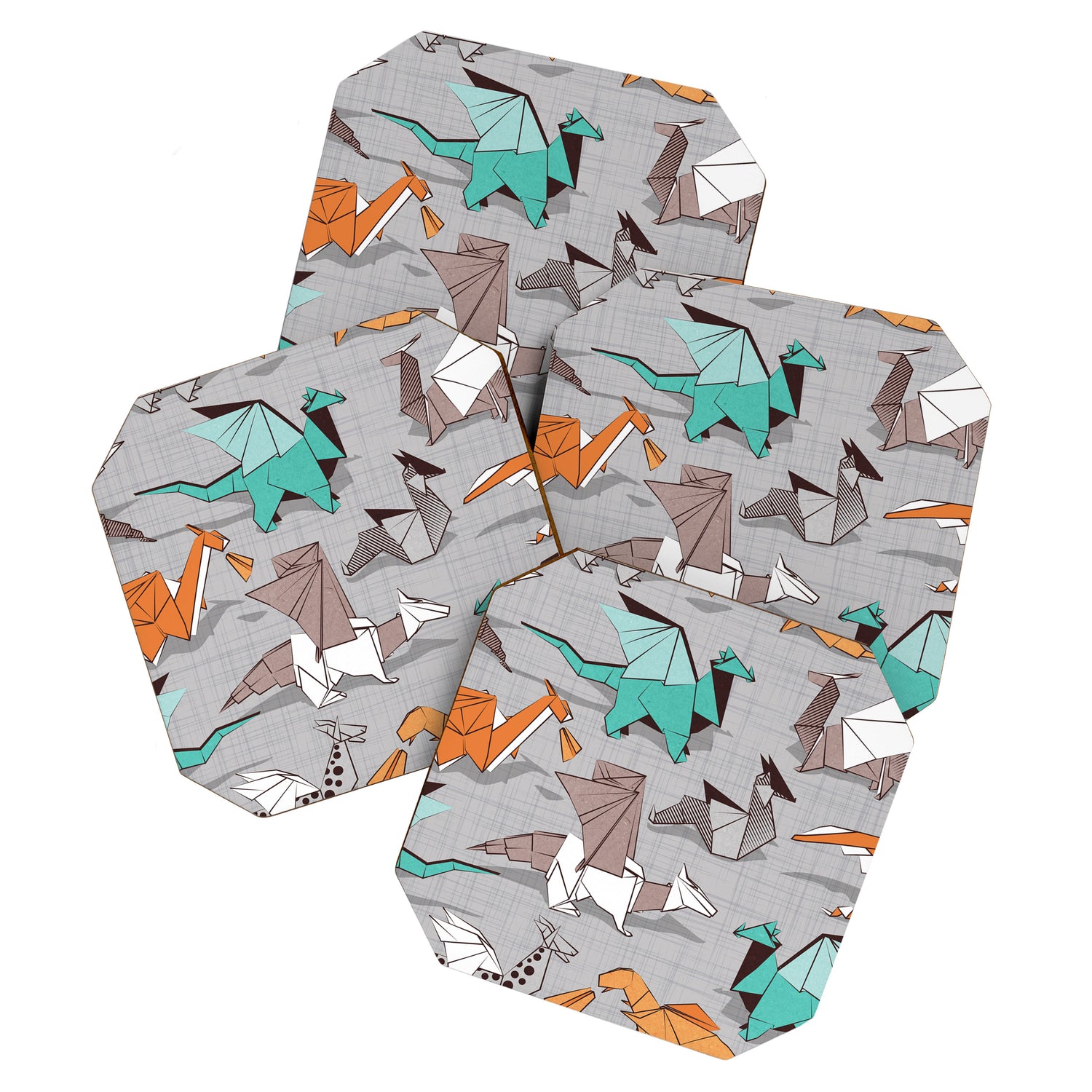Origami dragon friends // grey linen texture background aqua orange grey and taupe fantastic creatures Coaster Gallery Image 1
