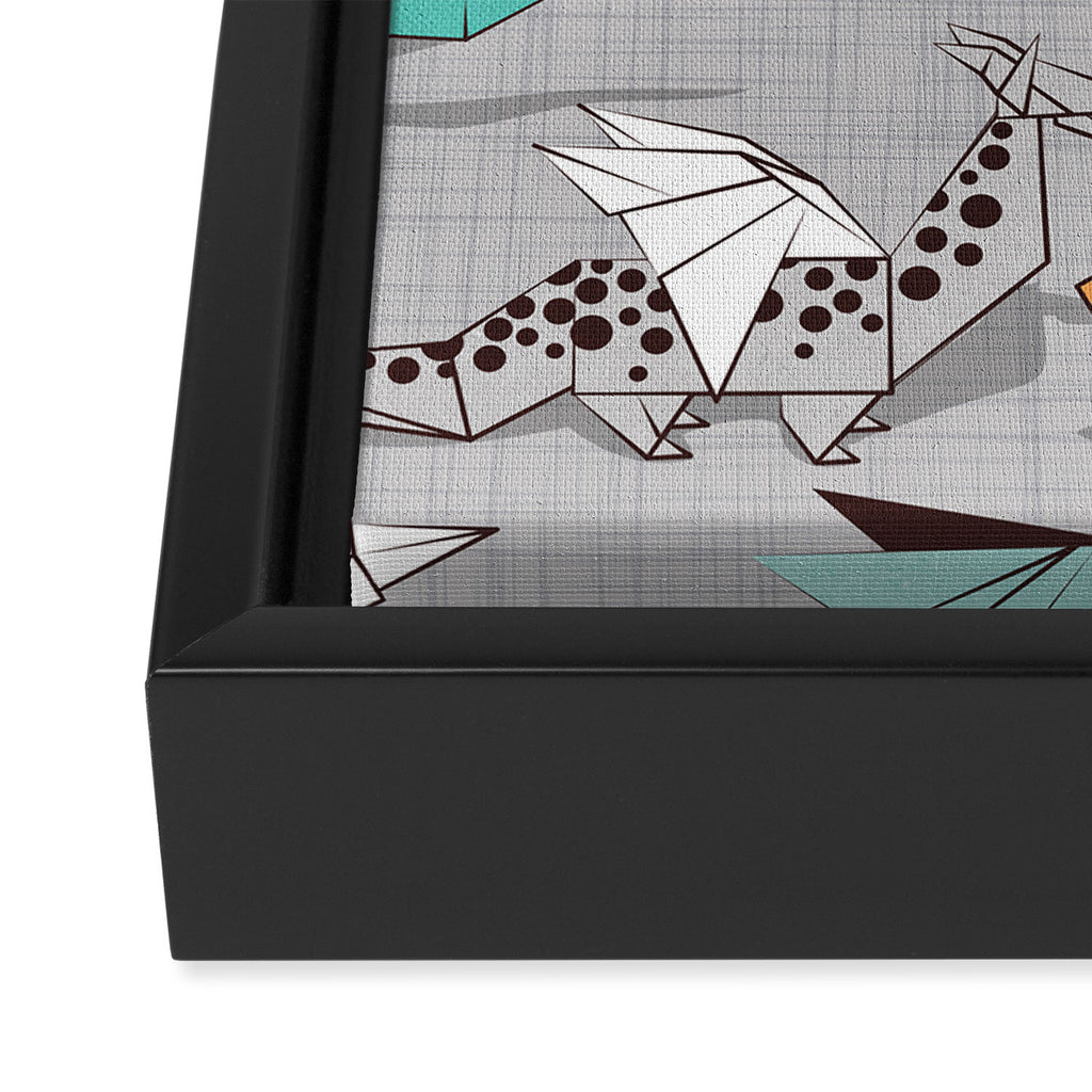 Origami dragon friends // grey linen texture background aqua orange grey and taupe fantastic creatures Framed Canvas Print Gallery Image 3