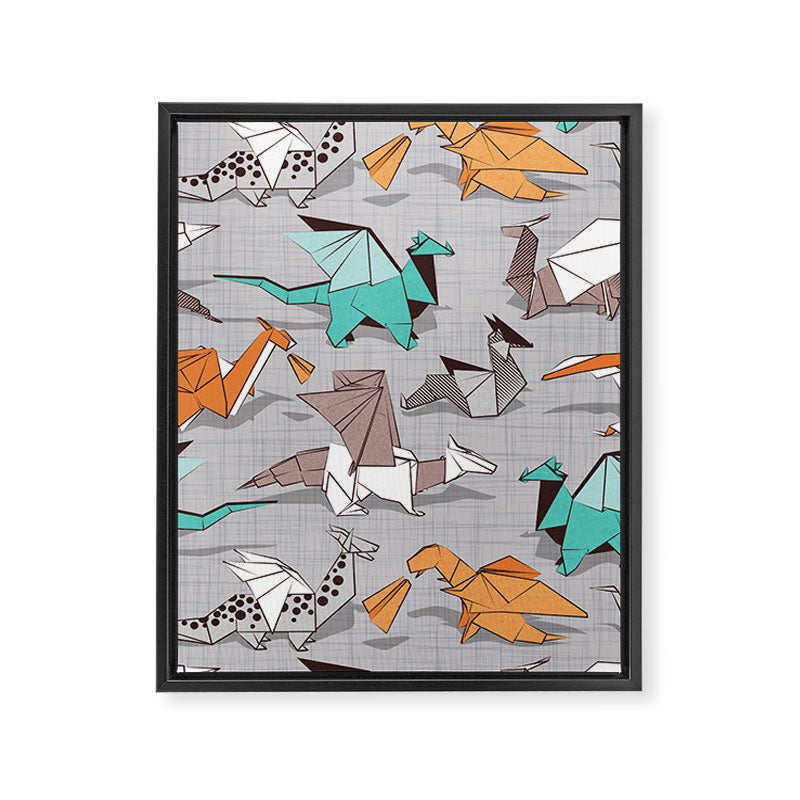 Origami dragon friends // grey linen texture background aqua orange grey and taupe fantastic creatures Framed Canvas Print Gallery Image 6