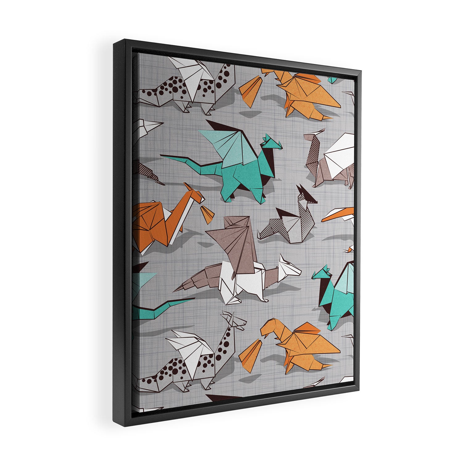 Origami dragon friends // grey linen texture background aqua orange grey and taupe fantastic creatures Framed Canvas Print Gallery Image 2