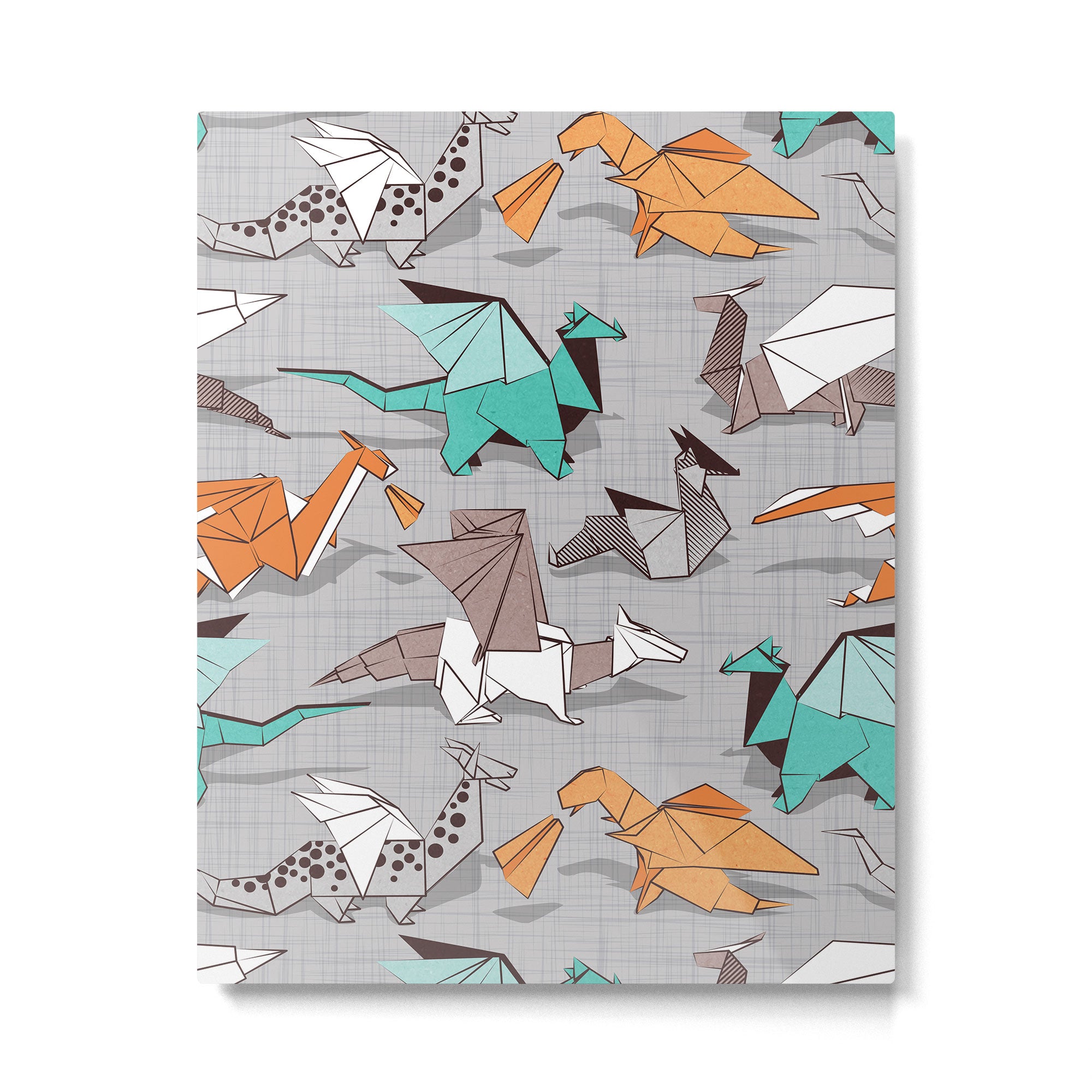 Origami dragon friends // grey linen texture background aqua orange grey and taupe fantastic creatures Metal Print Gallery Image 4