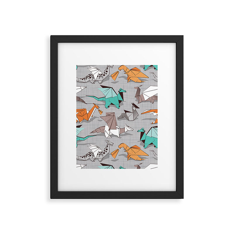 Origami dragon friends // grey linen texture background aqua orange grey and taupe fantastic creatures Framed Art Print Gallery Image 5