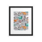 Origami dragon friends // grey linen texture background aqua orange grey and taupe fantastic creatures Framed Art Print Gallery Image 5