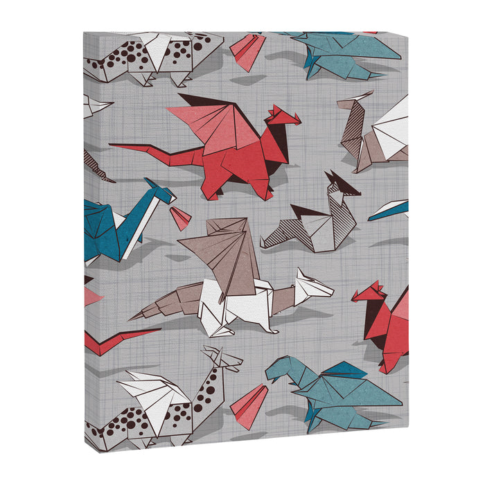 Origami dragon friends // linen texture background blue red grey and taupe fantastic creatures Canvas Print Gallery Image 1