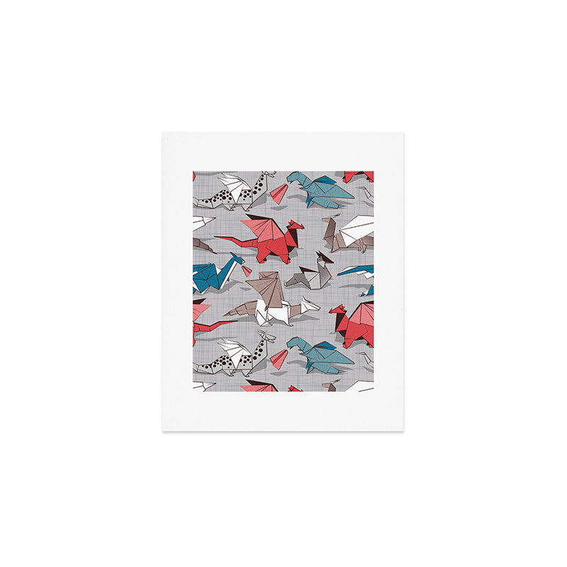 Origami dragon friends // linen texture background blue red grey and taupe fantastic creatures Art Print Gallery Image 1
