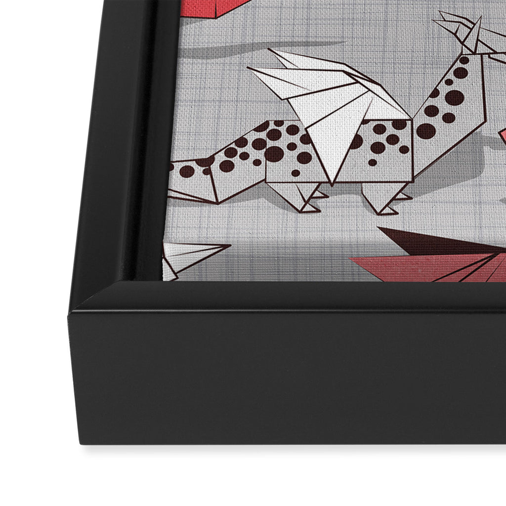 Origami dragon friends // linen texture background blue red grey and taupe fantastic creatures Framed Canvas Print Gallery Image 3