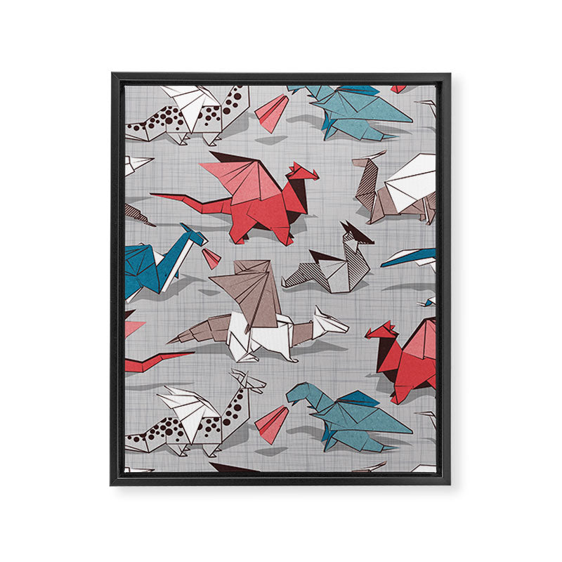 Origami dragon friends // linen texture background blue red grey and taupe fantastic creatures Framed Canvas Print Gallery Image 6