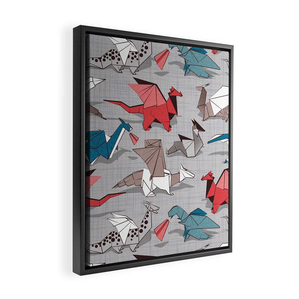 Origami dragon friends // linen texture background blue red grey and taupe fantastic creatures Framed Canvas Print Gallery Image 2