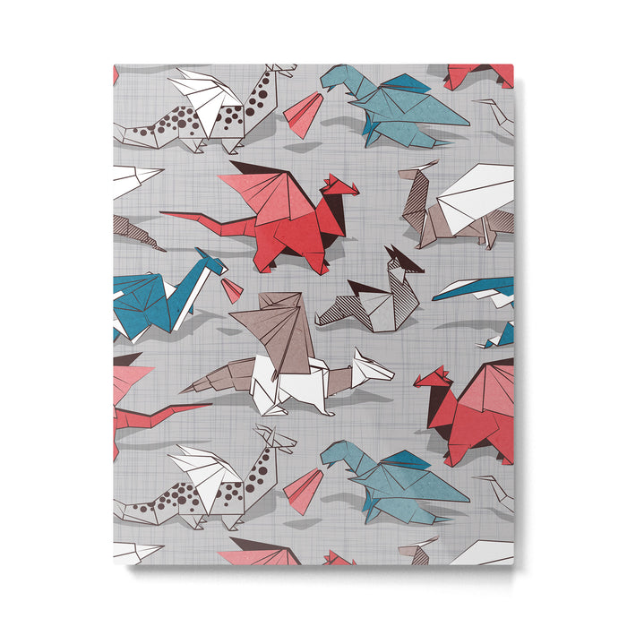 Origami dragon friends // linen texture background blue red grey and taupe fantastic creatures Metal Print Gallery Image 1