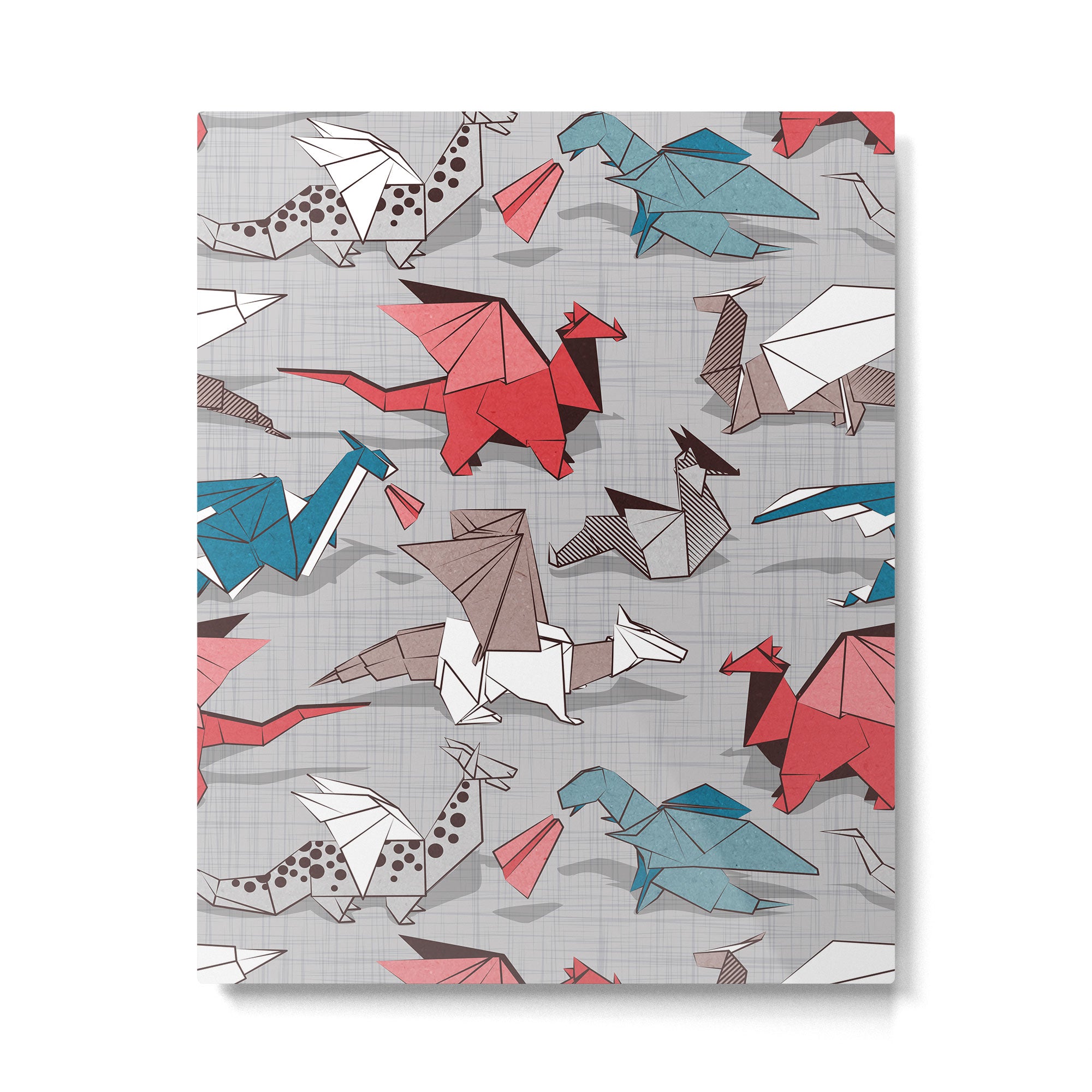 Origami dragon friends // linen texture background blue red grey and taupe fantastic creatures Metal Print Gallery Image 4