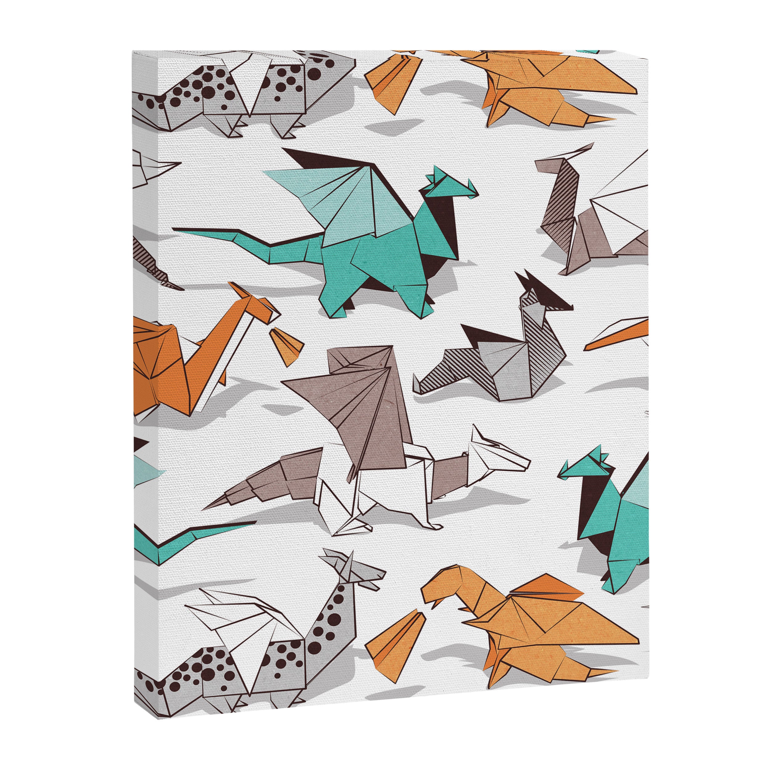 Origami dragon friends // white background aqua orange grey and taupe fantastic creatures Canvas Print Gallery Image 6