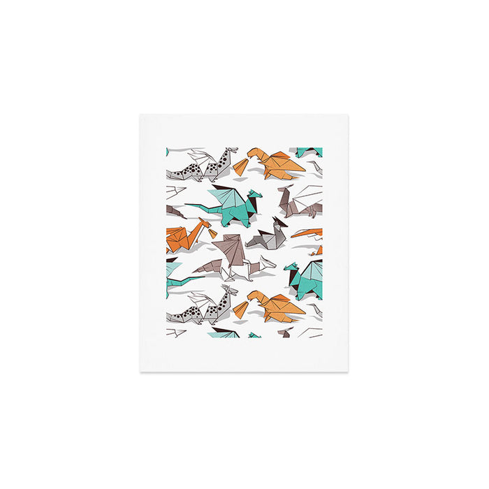 Origami dragon friends // white background aqua orange grey and taupe fantastic creatures Art Print Gallery Image 1