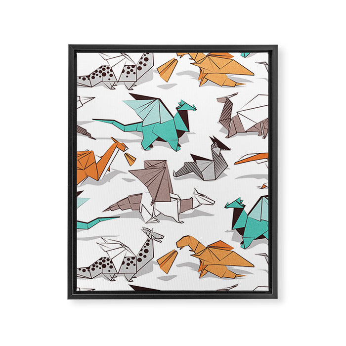 Origami dragon friends // white background aqua orange grey and taupe fantastic creatures Framed Canvas Print Gallery Image 1