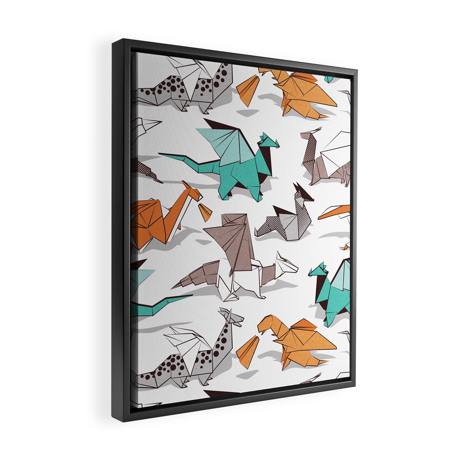 Origami dragon friends // white background aqua orange grey and taupe fantastic creatures Framed Canvas Print Gallery Image 2