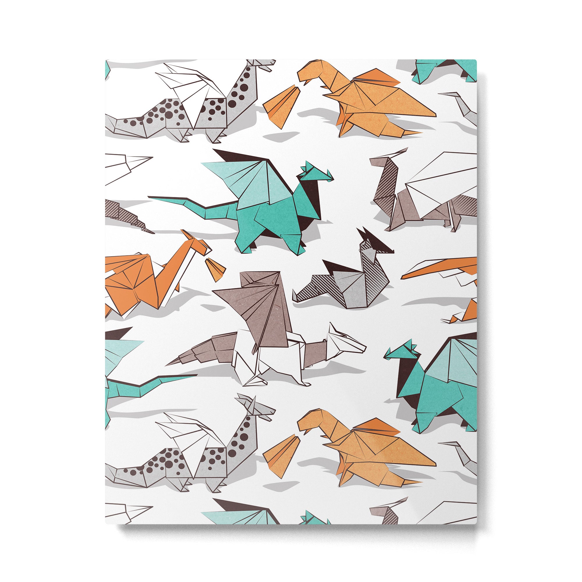 Origami dragon friends // white background aqua orange grey and taupe fantastic creatures Metal Print Gallery Image 4