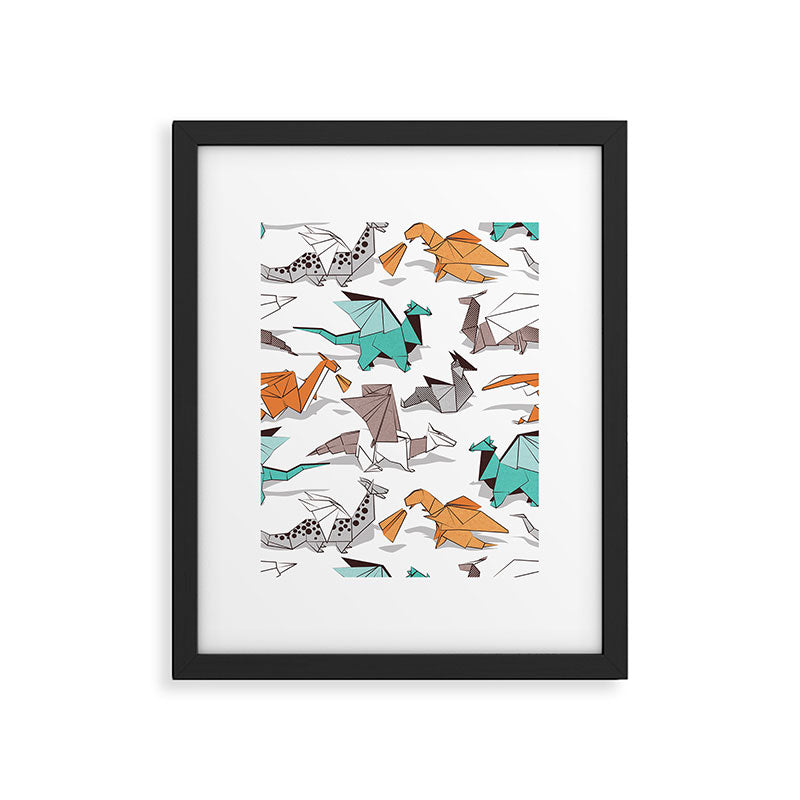 Origami dragon friends // white background aqua orange grey and taupe fantastic creatures Framed Art Print Gallery Image 5