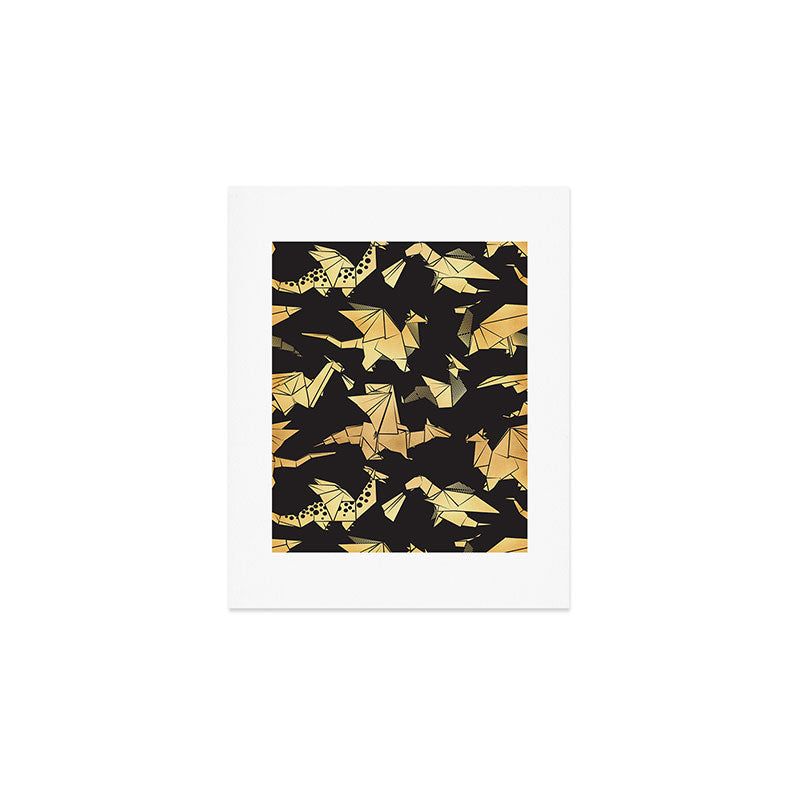 Origami metallic dragon friends // black background golden fantasy animals Art Print Gallery Image 1
