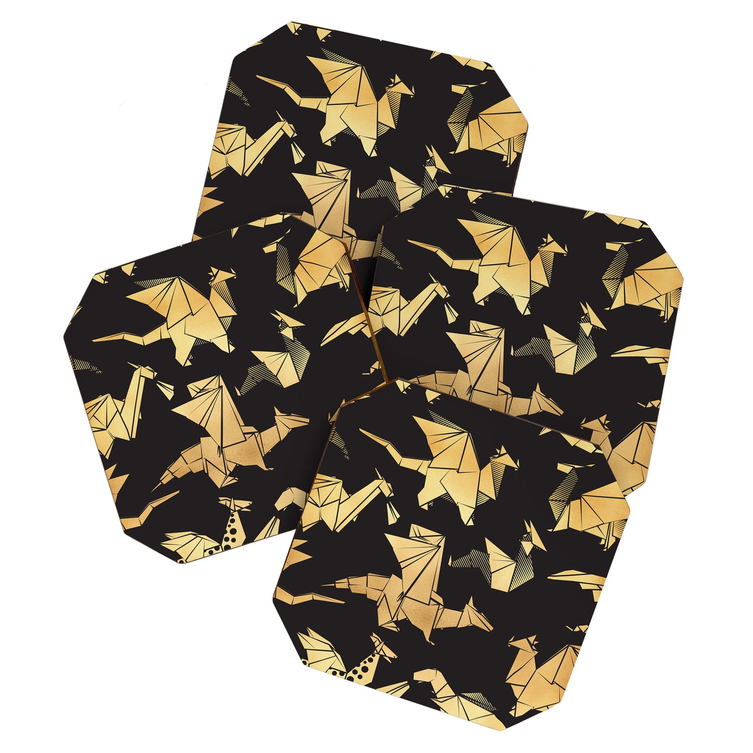 Origami metallic dragon friends // black background golden fantasy animals Coaster Gallery Image 1