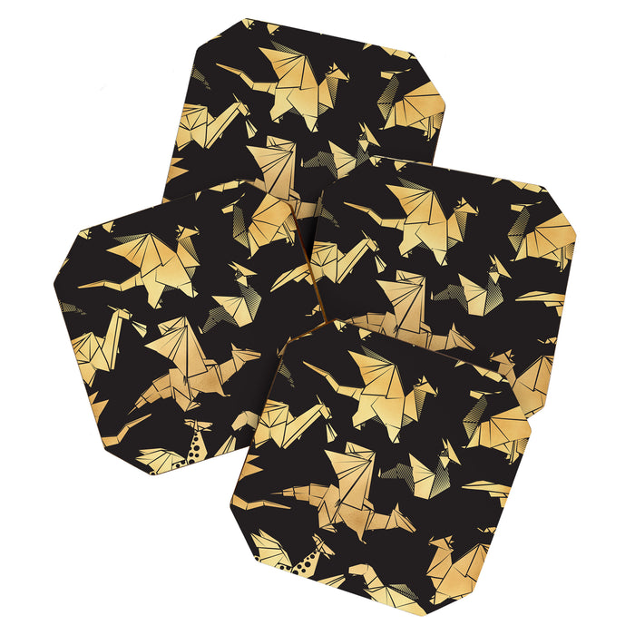 Origami metallic dragon friends // black background golden fantasy animals Coaster Gallery Image 1