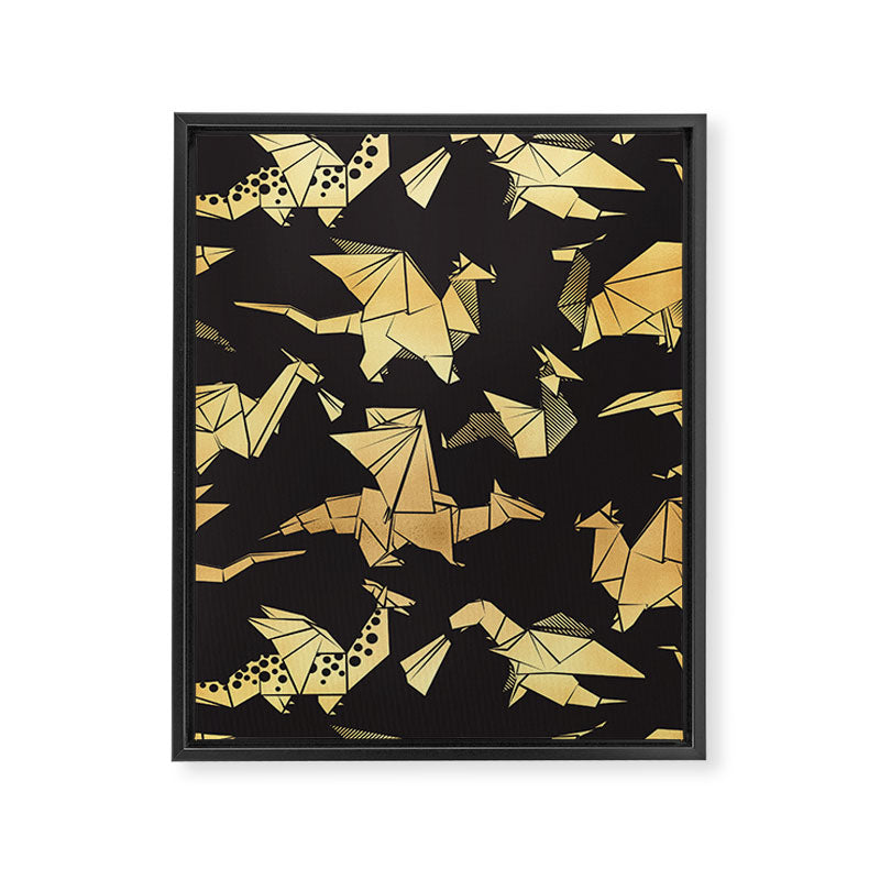 Origami metallic dragon friends // black background golden fantasy animals Framed Canvas Print Gallery Image 6