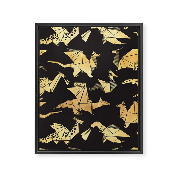 Origami metallic dragon friends // black background golden fantasy animals Framed Canvas Print Gallery Image 1