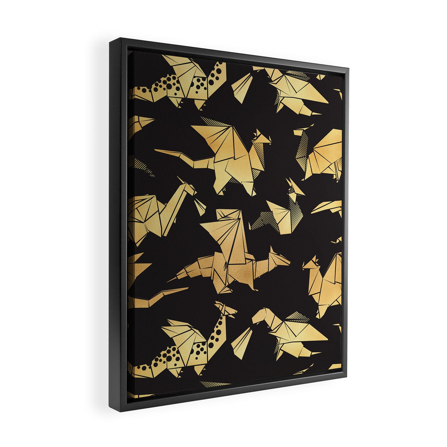 Origami metallic dragon friends // black background golden fantasy animals Framed Canvas Print Gallery Image 2