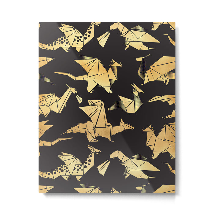 Origami metallic dragon friends // black background golden fantasy animals Metal Print Gallery Image 1