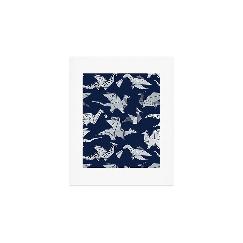 Origami metallic dragon friends // oxford navy blue background metal silver fantasy animals Art Print Gallery Image 1