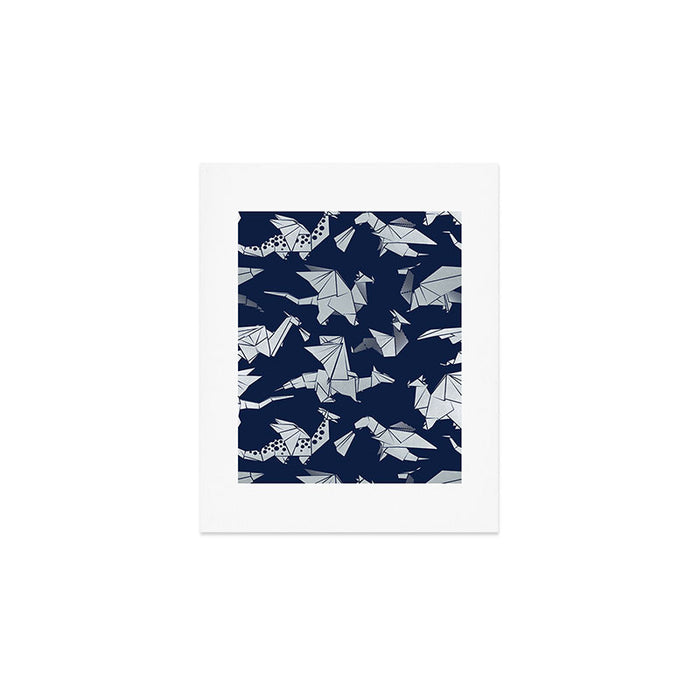 Origami metallic dragon friends // oxford navy blue background metal silver fantasy animals Art Print Gallery Image 1