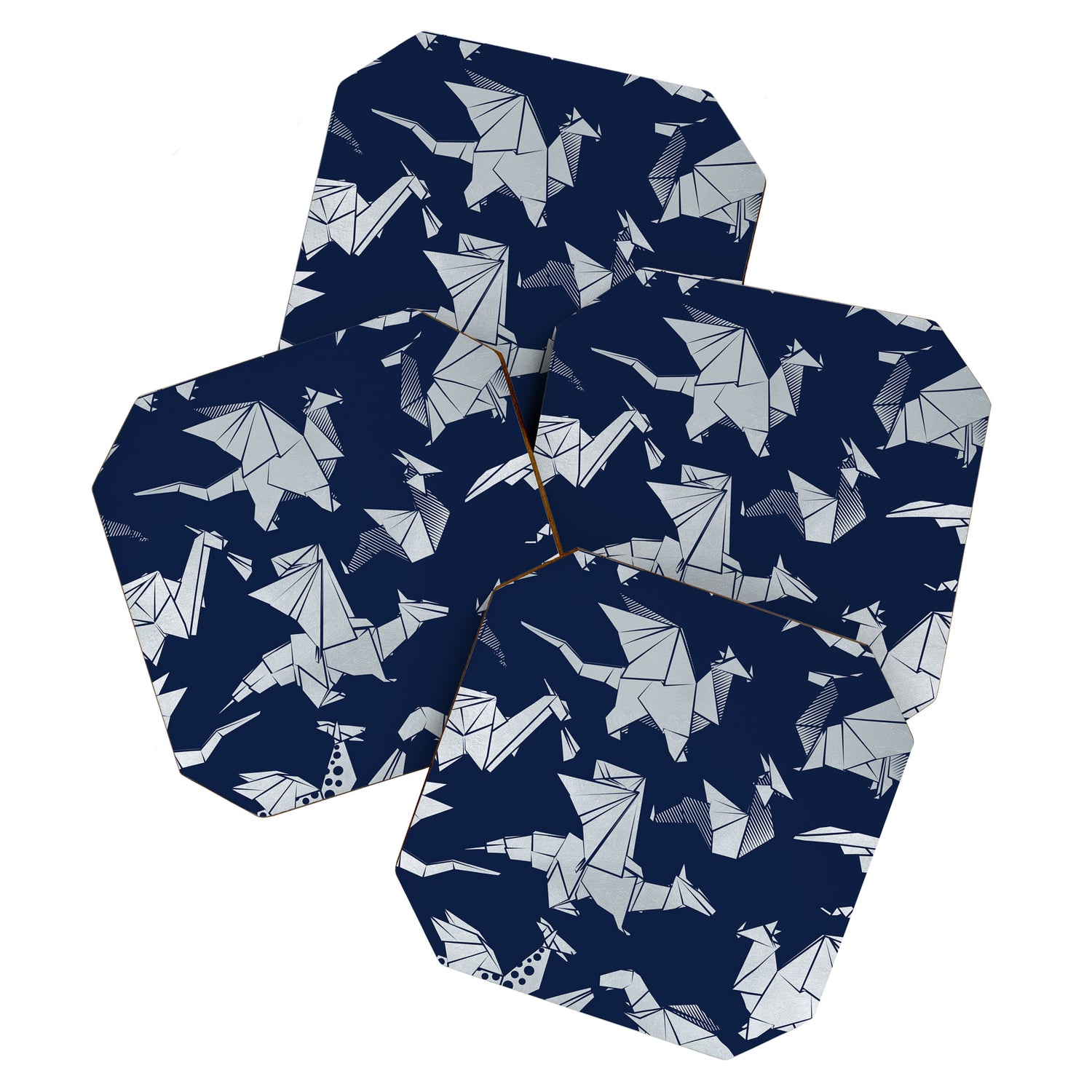 Origami metallic dragon friends // oxford navy blue background metal silver fantasy animals Coaster Gallery Image 1