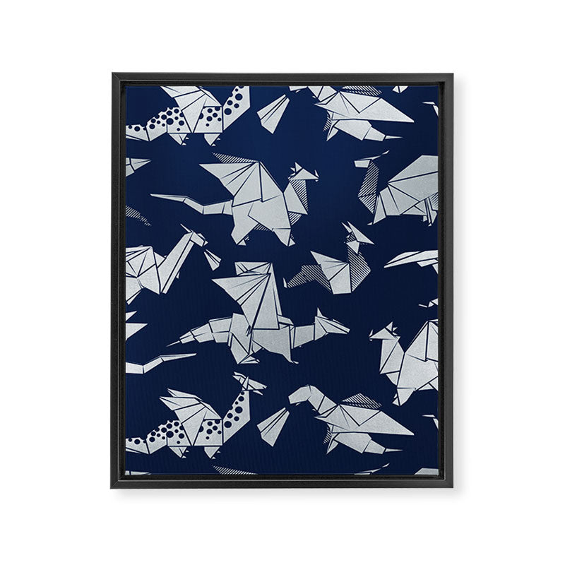 Origami metallic dragon friends // oxford navy blue background metal silver fantasy animals Framed Canvas Print Gallery Image 6