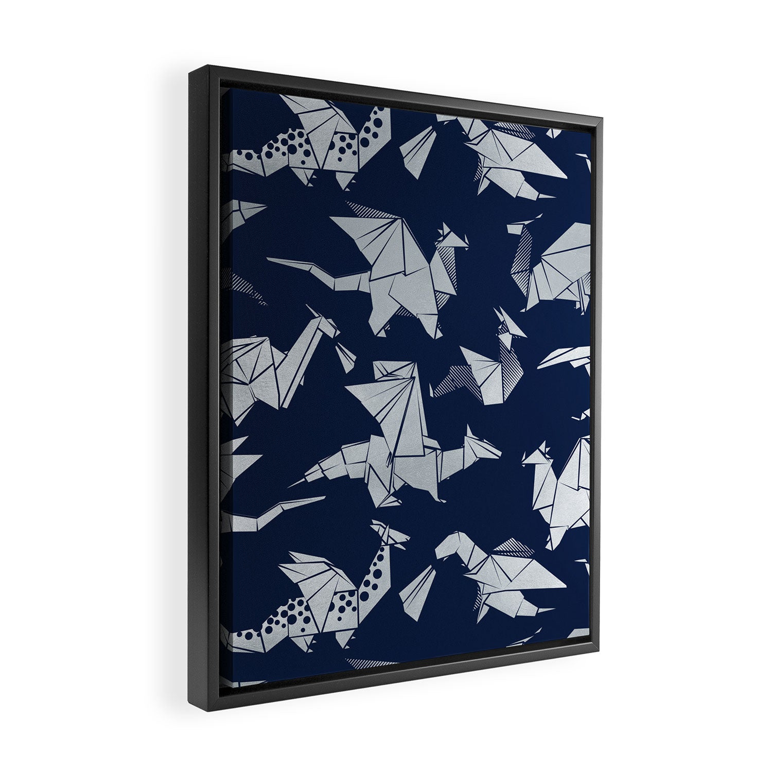 Origami metallic dragon friends // oxford navy blue background metal silver fantasy animals Framed Canvas Print Gallery Image 2